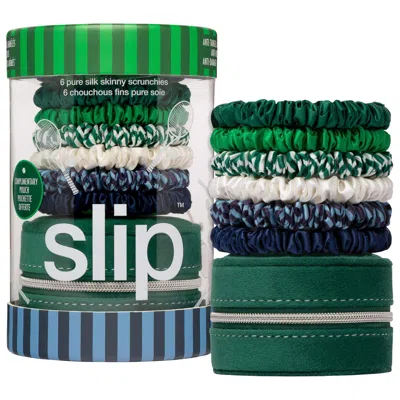 Slip Pure Silk Skinny Hair Tie Scrunchies With Complimentary Pouch In Hair On Point In Green