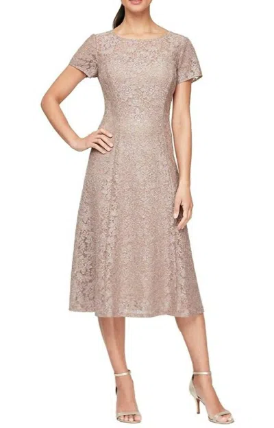 Slny Cap Sleeve Tea Length Sequin Lace Dress In Taupe In Beige