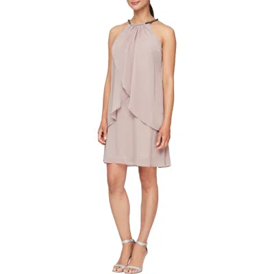 Slny Embellished Neck Chiffon Ruffle Dress In Cashmere