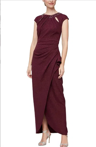 Slny Embellished Wrap Side Ruffled Gown In Wine In Red