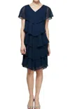 Slny Georgette Tiered Capelet Dress In Navy In Blue