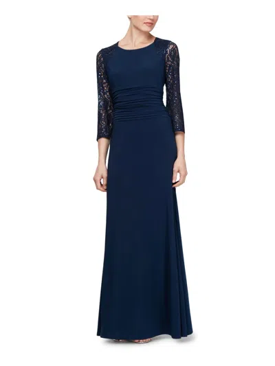 Slny Petites Womens Lace Sleeves Long Evening Dress In Blue