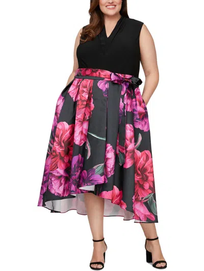 Slny Plus Womens Floral Print Polyester Fit & Flare Dress In Black