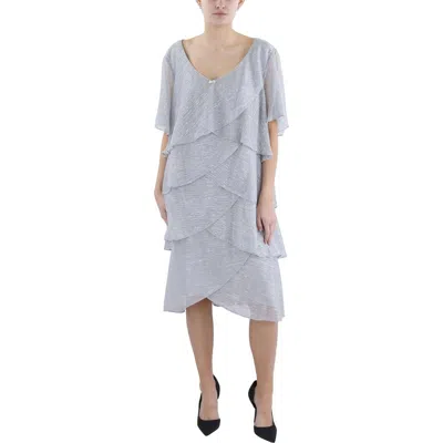 Slny Plus Womens Tiered Metallic Midi Dress In Silver
