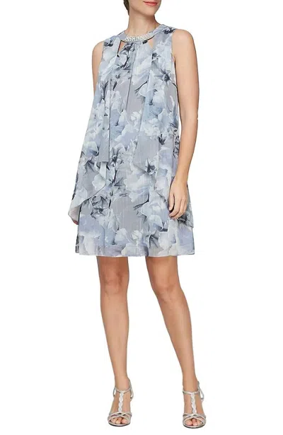 Slny Printed Sleeveless Dress With Embellished Cutout Neckline In Silver In Gray