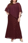 Slny Sequin Floral Lace Dress With Capelet In Purple