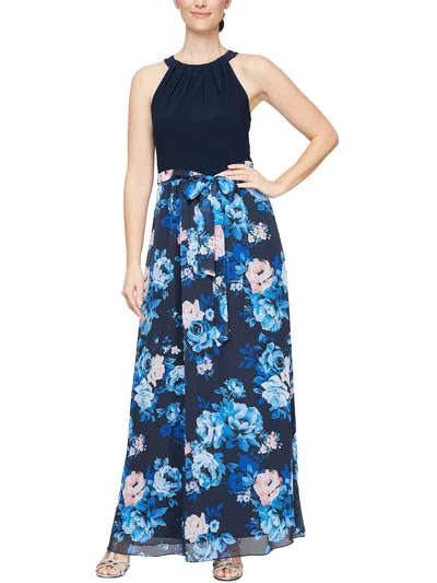 Slny Womens Chiffon Printed Maxi Dress In Blue