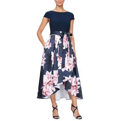 SLNY WOMENS HI-LOW FLORAL PRINT MIDI DRESS