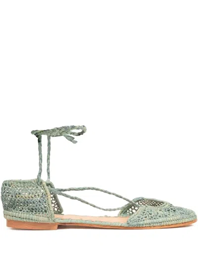 Slo_hand_made Lace-up Raffia Ballet Flats In Green
