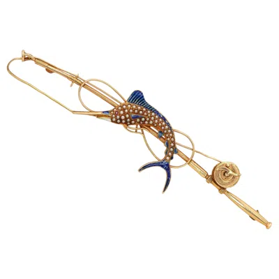 Pre-owned Sloan & Company Sloan & Co. Antique 14 Karat Gold Enamel Pearl Ruby Fish On The Line Brooch In Multi