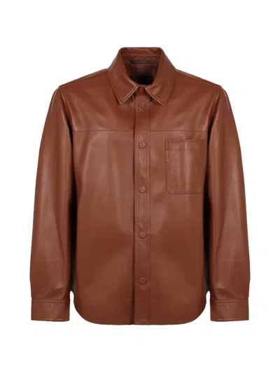 Slowear Button Front Leather Shirt In Brown