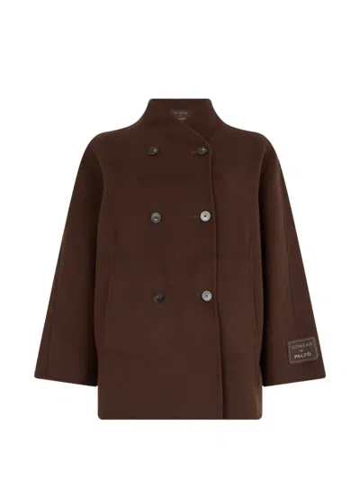 Slowear Double-breasted High-neck Coat In Brown