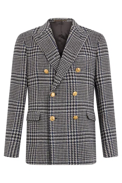 Slowear Prince Of Wales Check Double-breasted Blazer In Gray