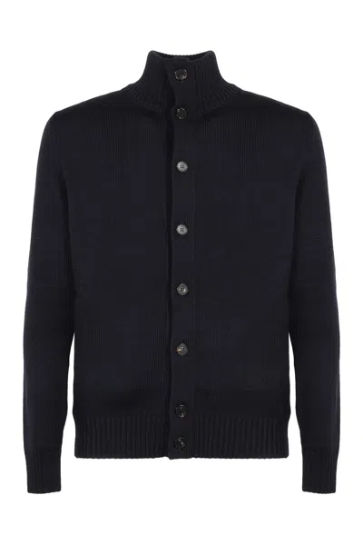 Slowear Virgin Wool High-collar Cardigan With Front Buttons And Side Pockets In Black