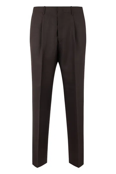 Slowear Pleated Wool Trousers With Elastic Waistband In Brown