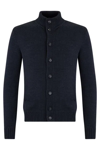 Slowear Slowwear Cardigan With Ribbed Collar And Button Front In Black