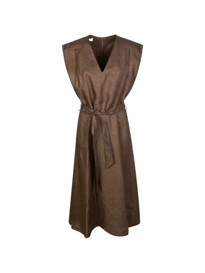 Slowear V-neck Tie Midi Dress In Brown