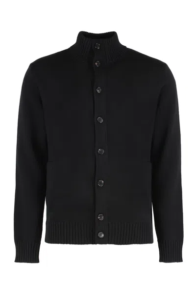 Slowear Virgin Wool High-collar Cardigan With Front Buttons And Side Pockets In Black