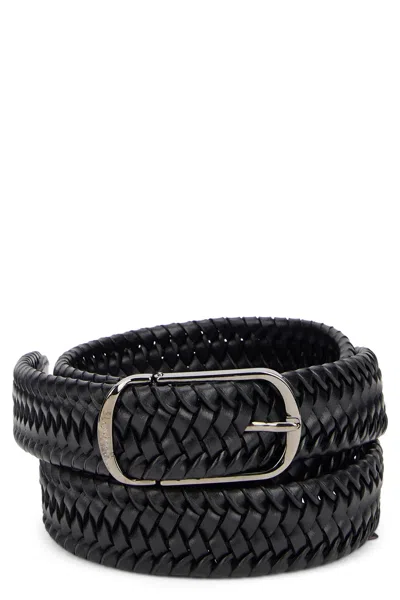 Slowear Woven Leather Belt With Braided Finish And Silver Buckle In Black