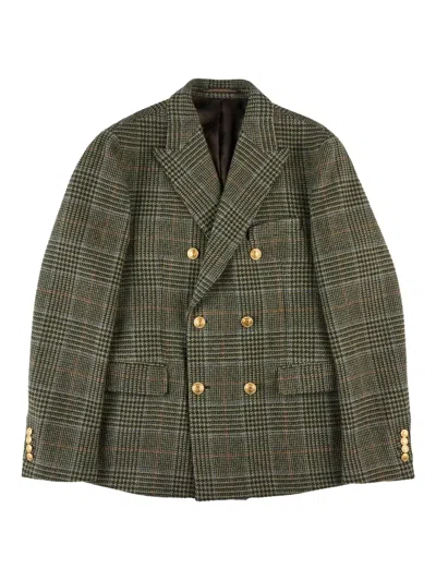 Slowear X Incotex Double-breasted Prince Wales Blazer In Green