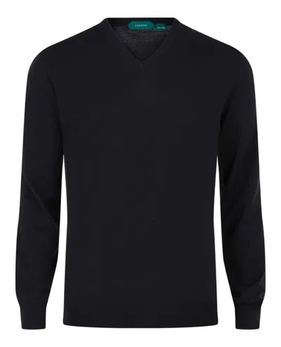 Slowear Zanone V-neck Wool Blend Sweater In Black