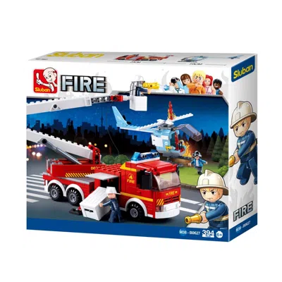 Sluban Fire Truck W/ Cherry Picker Arm + Helicopter Building Brick Kit (394 Pcs)