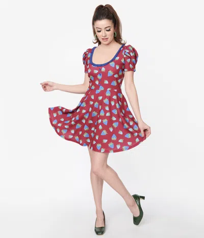Smak Parlour Burgundy & Blue Strawberry Group Chat Flare Dress In Multi