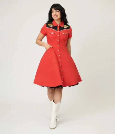 Smak Parlour Embroidered Western Flare Dress In Burgundy