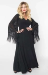 Smak Parlour Fringed Long Bell Sleeved Ruched Maxi Dress In Black