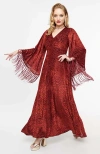 Smak Parlour Fringed Long Bell Sleeved Ruched Maxi Dress In Burgundy