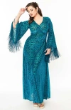 Smak Parlour Fringed Long Bell Sleeved Ruched Maxi Dress In Teal