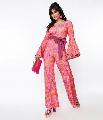 Smak Parlour Pink Mod Floral Bell Sleeve Jumpsuit In Multi