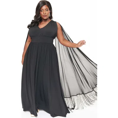 Smak Parlour Plus Size 1970s Fringe Cape Maxi Dress In Black