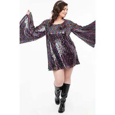 Smak Parlour Plus Size Angel Sleeve Downtown Scene Mini Fit & Flare Dress In Black Rainbow Sequin
