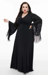 Smak Parlour Plus Size Fringed Long Bell Sleeved Ruched Maxi Dress In Black