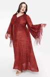 Smak Parlour Plus Size Fringed Long Bell Sleeved Ruched Maxi Dress In Burgundy