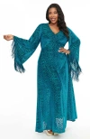 Smak Parlour Plus Size Fringed Long Bell Sleeved Ruched Maxi Dress In Teal