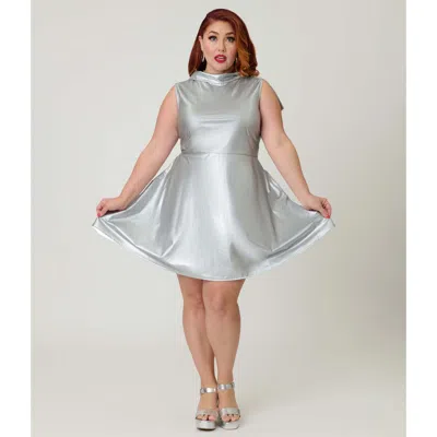 Smak Parlour Plus Size Knit Mock Neck A-line Mini Dress In Silver