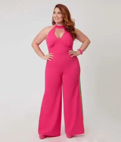 Smak Parlour Plus Size Sashed Sleeveless Halter Glamour Goddess Jumpsuit In Pink