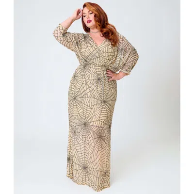 Smak Parlour Plus Size Sequin Faux Wrap Maxi Dress In Beige Spider Web Print