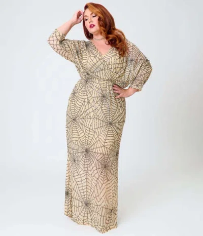 Smak Parlour Plus Size Sequin Faux Wrap Maxi Dress In Beige Spider Web Print