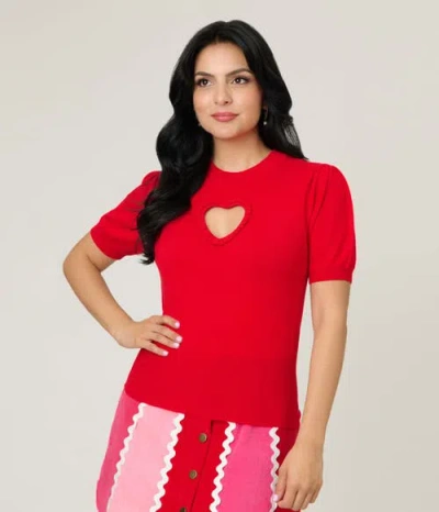 Smak Parlour Printed Heart Cutout Knit Sweater In Red