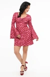 Smak Parlour Printed Trumpet Sleeve Tunic Mini Dress In Pink Burgundy