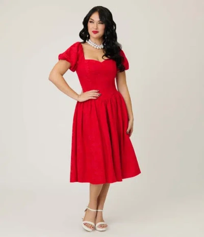 Smak Parlour Puff Sleeve Swing Dress In Red