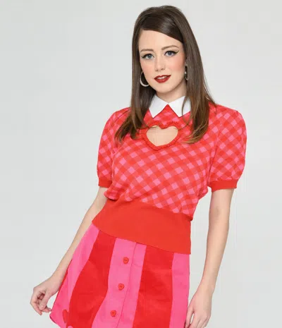 Smak Parlour Red & Pink Bias Gingham Heart Sweater In Multi
