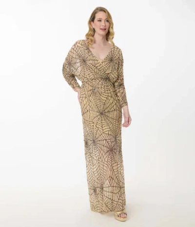 Smak Parlour Sequin Faux Wrap Maxi Dress In Beige Spider Web Print