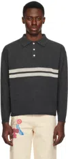 Small Talk Studio Gray Mesh Stripe Knit Polo In Charcoal/cream