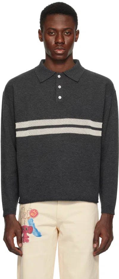 Small Talk Studio Gray Mesh Stripe Knit Polo In Charcoal/cream