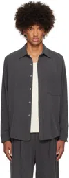 Small Talk Studio Gray Printed Silk Noil Curved Hem Dress Shirt In Washed Black