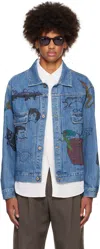 Small Talk Studio Ssense Exclusive Blue Hand-drawn Jacquard Stripe Denim Trucker Jacket In Washed Indigo